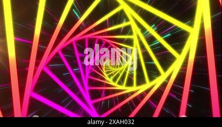 Image of neon tunnel in seamless pattern and purple and green light trails on black background Stock Photo