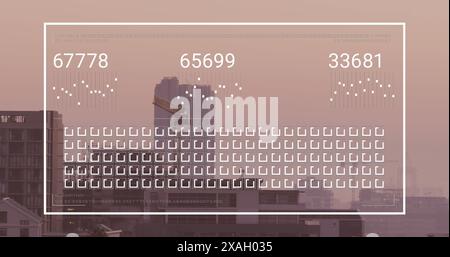 Image of interface with data processing against aerial view of cityscape Stock Photo