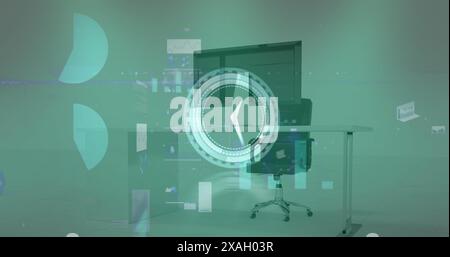 Image of neon ticking clock and data processing against office desk Stock Photo