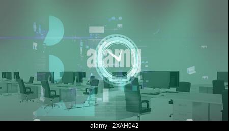 Image of neon ticking clock and data processing against empty office Stock Photo