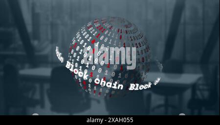 Image of block chain text banner and binary coding over spinning globe against empty office Stock Photo