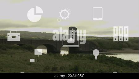 Image of multiple icons over plantation around bridge on lake against cloudy sky Stock Photo