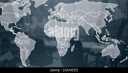 Image of world map and data processing against empty office Stock Photo