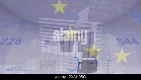 Image of financial data processing over euro flag stars Stock Photo
