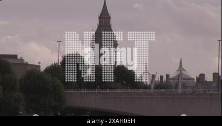 Image of nft text banner against against aerial view of cityscape Stock Photo