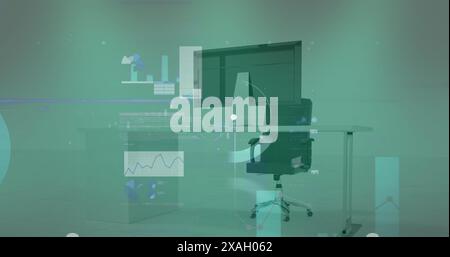 Image of neon ticking clock and data processing against office desk Stock Photo