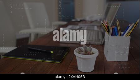 Image of binary coding data processing against close up of equipment on office desk Stock Photo