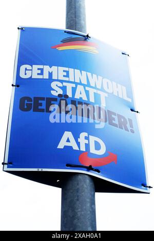 AfD-Wahlplakat - Wahl zum Europäischen Parlament - Die Wahl zum Europäischen Parlament findet vom 6. bis 9. Juni 2024 statt, sowohl in Deutschland als auch in Europa - Gerstungen, Deutschland, GER, DEU, Germany, 05.06.2024 - Gerstungen: Wahlplakat der Partei AfD Alternative für Deutschland mit dem Slogan: GEMEINWOHL STATT GEFÄHRDER - LOGO: AfD - Abbildung: Deutsche Nationalfarben Schwarz Rot Gold *** AfD election poster election to the European Parliament The election to the European Parliament will take place from 6 to 9 June 2024, both in Germany and in Europe Gerstungen, Germany, GER, DEU, Stock Photo