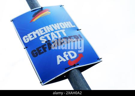 AfD-Wahlplakat - Wahl zum Europäischen Parlament - Die Wahl zum Europäischen Parlament findet vom 6. bis 9. Juni 2024 statt, sowohl in Deutschland als auch in Europa - Gerstungen, Deutschland, GER, DEU, Germany, 05.06.2024 - Gerstungen: Wahlplakat der Partei AfD Alternative für Deutschland mit dem Slogan: GEMEINWOHL STATT GEFÄHRDER - LOGO: AfD - Abbildung: Deutsche Nationalfarben Schwarz Rot Gold *** AfD election poster election to the European Parliament The election to the European Parliament will take place from 6 to 9 June 2024, both in Germany and in Europe Gerstungen, Germany, GER, DEU, Stock Photo