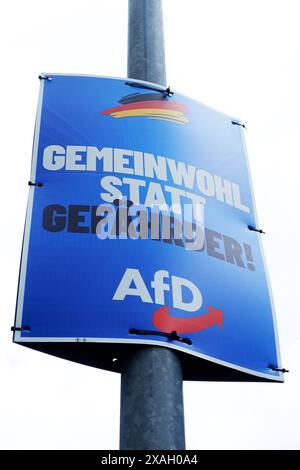 AfD-Wahlplakat - Wahl zum Europäischen Parlament - Die Wahl zum Europäischen Parlament findet vom 6. bis 9. Juni 2024 statt, sowohl in Deutschland als auch in Europa - Gerstungen, Deutschland, GER, DEU, Germany, 05.06.2024 - Gerstungen: Wahlplakat der Partei AfD Alternative für Deutschland mit dem Slogan: GEMEINWOHL STATT GEFÄHRDER - LOGO: AfD - Abbildung: Deutsche Nationalfarben Schwarz Rot Gold *** AfD election poster election to the European Parliament The election to the European Parliament will take place from 6 to 9 June 2024, both in Germany and in Europe Gerstungen, Germany, GER, DEU, Stock Photo