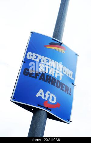 AfD-Wahlplakat - Wahl zum Europäischen Parlament - Die Wahl zum Europäischen Parlament findet vom 6. bis 9. Juni 2024 statt, sowohl in Deutschland als auch in Europa - Gerstungen, Deutschland, GER, DEU, Germany, 05.06.2024 - Gerstungen: Wahlplakat der Partei AfD Alternative für Deutschland mit dem Slogan: GEMEINWOHL STATT GEFÄHRDER - LOGO: AfD - Abbildung: Deutsche Nationalfarben Schwarz Rot Gold *** AfD election poster election to the European Parliament The election to the European Parliament will take place from 6 to 9 June 2024, both in Germany and in Europe Gerstungen, Germany, GER, DEU, Stock Photo