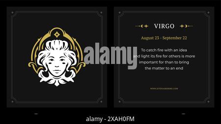 Virgo zodiac symbol lunar data horoscope description vintage black card design template set vector illustration. Astrology female character calendar m Stock Vector