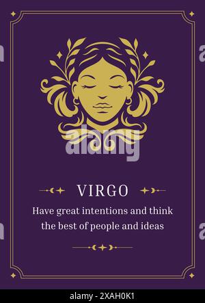 Virgo zodiac symbol woman face floral ornament purple poster design template vector illustration. Horoscope astrology sign female portrait head flower Stock Vector