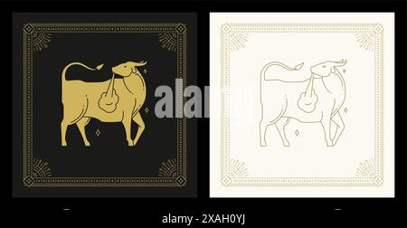 Taurus zodiac mythology horoscope astrology antique line art deco vintage card design set vector illustration. Astrological horned bull ancient lunar Stock Vector