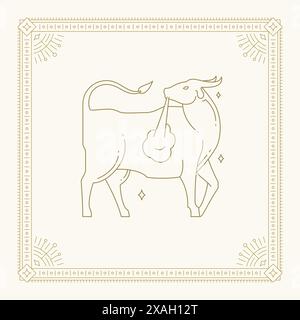 Taurus zodiac horoscope symbol antique line art deco golden frame vintage card design vector illustration. Aggressive bull astrological lunar calendar Stock Vector