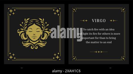 Virgo zodiac horoscope woman floral portrait mythic star vintage card design template set vector illustration. Astrological female face esoteric mythi Stock Vector