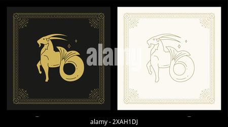 Capricorn zodiac goat with fish tail mythology character line art deco vintage card set vector illustration. Astrology horoscope mythical animal celes Stock Vector