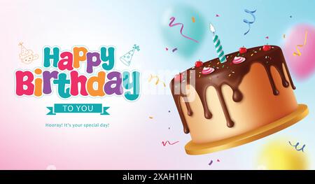 Happy birthday greeting vector design. Birthday greeting text with chocolate cake dessert with confetti decoration elements for invitation card Stock Vector