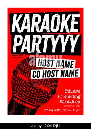 karaoke night poster with hand hold microphone, vector format, sing party flyer, with paper texture grunge effect, colorful background Stock Vector