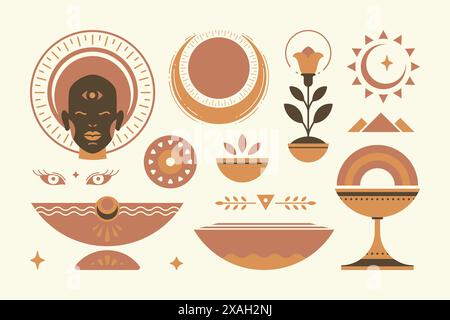 Abstract african ethnic decorative design elements set vector Illustration. Female face silhouette, moon crescent, flower shape and other traditional Stock Vector
