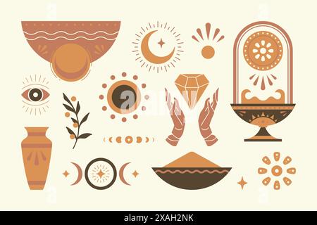 Abstract african ethnic decorative design elements set vector Illustration. Female hands silhouette, moon crescent, vase shape and other traditional s Stock Vector