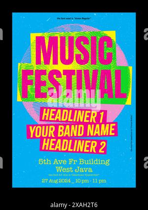 Music festival flyer or poster design, for pop and rock music, vector with grunge texture and colorful background, with artist and band name Stock Vector