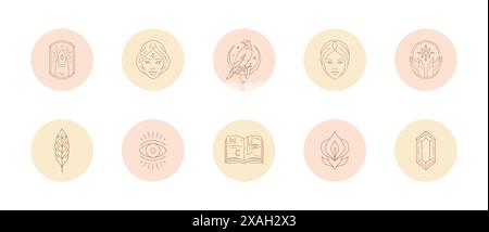 Set of icons and emblems for social media stories highlight covers in linear style vector illustration. Modern drawings with feminine signs and magic Stock Vector