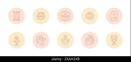 Set of icons and emblems for social media stories highlight covers in linear style vector illustration. Flowers drawings with feminine signs and magic Stock Vector