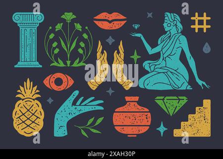 Antique column with boho flower of eternity. Beautiful boho woman in cape holding diamond. Mystical eyes and lips silhouettes. Pineapple with old vess Stock Vector