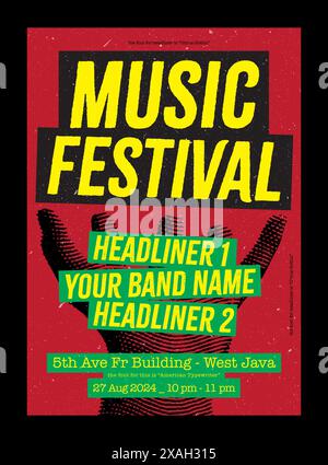 Music festival poster for band event or cafe marketing, vector with grunge and paper texture background, editable design with illustration Stock Vector