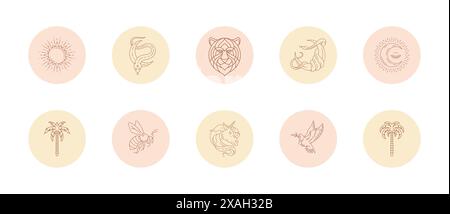 Set of icons and emblems for social media stories highlight covers in linear style vector illustration. Modern drawings with feminine signs and magic Stock Vector