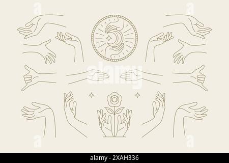 Female hands gestures collection of line art hand drawn style vector illustrations. Feminine symbols for fashion skin care cosmetics emblem and packag Stock Vector