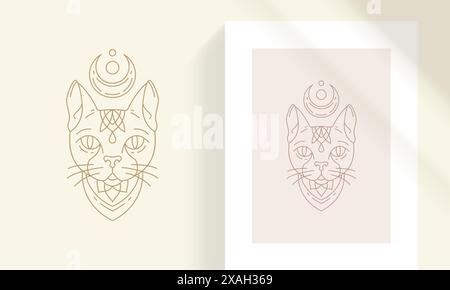 Mythical cat head silhouette linear vector illustration. Mystic Sphynx cat with crescent moon esoteric minimal object outline style. Good for logo emb Stock Vector