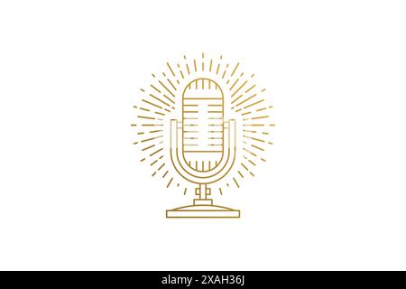 Modern microphone silhouette linear vector illustration. Contemporary microphone with rays minimal elegant emblem for radio show industry. Good for co Stock Vector