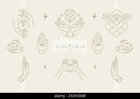Female hands gestures collection of line art hand drawn style vector illustrations. Feminine symbols for fashion skin care cosmetics emblem and packag Stock Vector