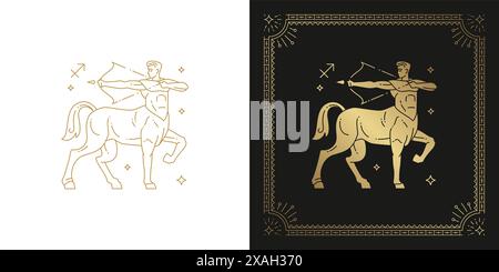Zodiac sagittarius horoscope sign line art silhouette design vector illustration. Creative decorative elegant linear astrology zodiac sagittarius embl Stock Vector
