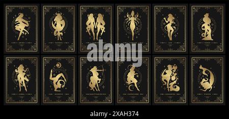 Zodiac womans horoscope signs linocut silhouettes design vector illustrations set. Astrology symbols of esoteric female characters templates for cards Stock Vector