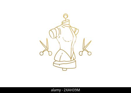 Mannequin and scissors silhouette linear vector illustration. Golden line art scissors with dummy elegant emblem for professional tailoring industry. Stock Vector