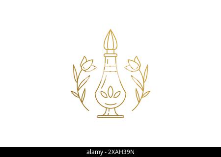 Flowers and elegant perfume glass bottle silhouette linear vector illustration. Delicate flowers depicted with cosmetic spray line art style. Good for Stock Vector