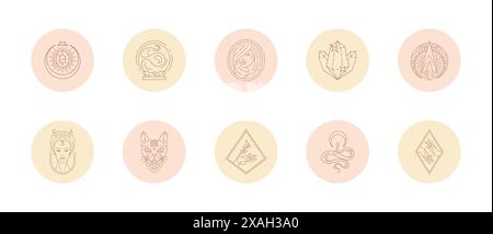 Set of icons and emblems for social media stories highlight covers in linear style vector illustration. Modern drawings with feminine signs and magic Stock Vector