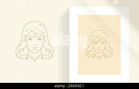 Magic female with necklace and bead on forehead line art style vector illustration. Bohemian woman with beads linear drawing for poster and mystic log Stock Vector