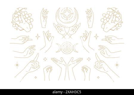 Female hands gestures collection of line art hand drawn style vector illustrations. Feminine magic symbols for mysterious emblem and packaging or cele Stock Vector