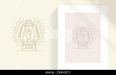 Gas lantern silhouette linear vector illustration. Retro lamp with burning fire elegant minimal object outline style. Good for logo emblem or poster d Stock Vector