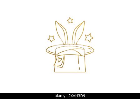Rabbit ears in magic hat silhouette linear vector illustration. Golden mystic hat with bunny ears and stars emblem of magic show. Good for magician lo Stock Vector