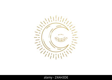 Shining moon crescent with closed eye silhouette linear vector illustration. Crescent moon with rays of light and eye outline style. Good for mystic l Stock Vector