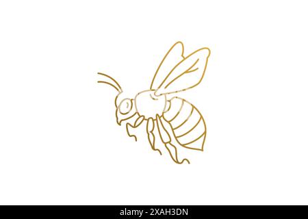 Golden wasp silhouette linear vector illustration. Flying bee with wings and striped body depicted line art style. Good for logo emblem or poster deco Stock Vector