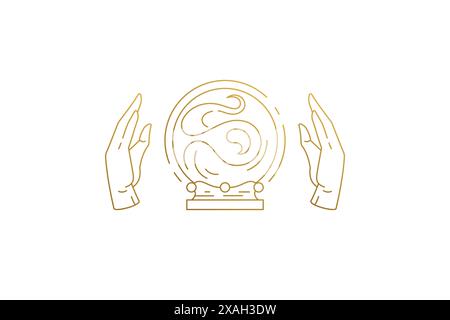 Hands of fortune teller and crystal ball silhouette linear vector illustration. Fortuneteller trying to guess future and mystic sphere outline style. Stock Vector