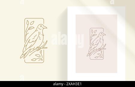Bird sitting on branch silhouette linear vector illustration. Wild crow sitting on tree branch in rectangle frame mystic minimal object outline style. Stock Vector