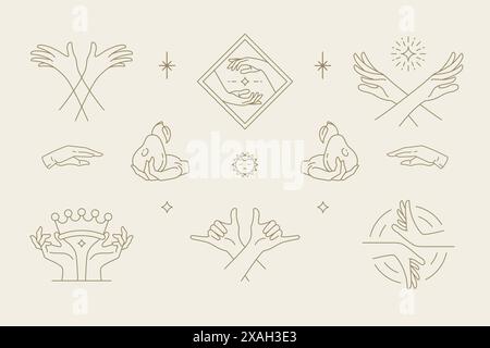 Female hands gestures collection of line art hand drawn style vector illustrations. Feminine symbols for fashion skin care cosmetics emblem and packag Stock Vector