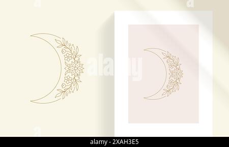 Magic crescent moon with floral wreath line art style vector illustration. Boho floral linear drawing for poster and esoteric practices logo emblem de Stock Vector